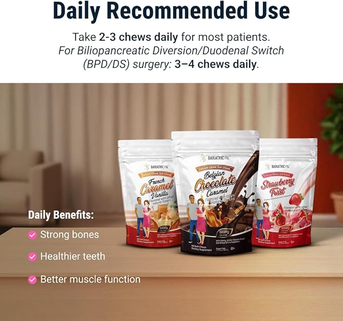 BariatricPal Chews tendres sans sucre au citrate de calcium | 500 mg avec vitamine D et probiotiques | Punch tropical | 90 comprimés (1 mois d'approvisionnement)