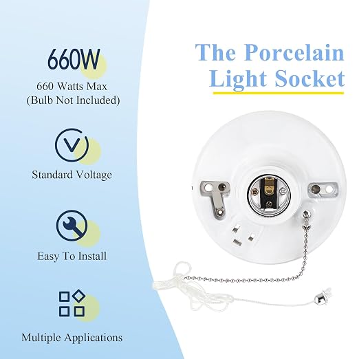 2 Pack Porcelain Light Socket with Outlet and Pull Chain Light Fixture, Bulb Socket with Grounded Outlet, E27/e26 Base, Porcelain Box Mount for Indoor Garage Closet Lighting