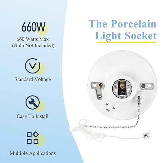 4 Pack Porcelain Light Socket with Outlet and Pull Chain Light Fixture, Bulb Socket with Grounded Outlet, E27/e26 Base, Porcelain Box Mount for Indoor Garage Closet Lighting