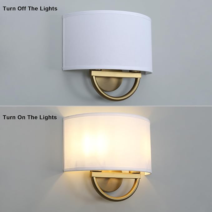 Yosoan White Fabric Cloth Boho Aged Brass Gold Wall Sconce Stairwell Fixture Light, 2-Light Dual Indoor Hardwired Vanity Vintage Wall Mount Lamp Antique Metal Base Semicircle Shade Lamp for Hallway