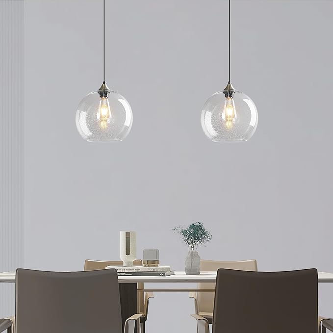 Modern 2-Pack Glass Globe Pendant Lights, Clear Modern Pendant Lighting for Kitchen Island, Clear Glass Hanging Lamps for Dining Room Living Room Bedroom, Large 9.85 Inch Fixture (Bulbs Not Included)
