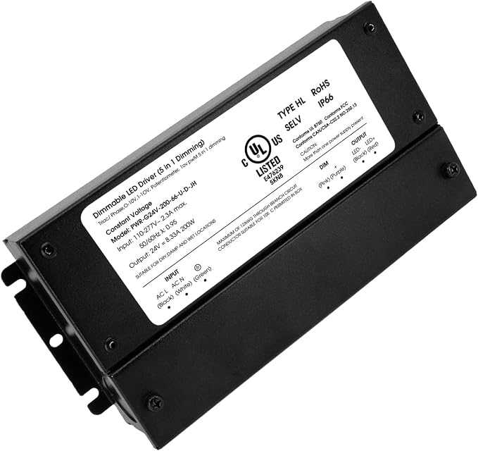 HitLights 200W Dimmable LED Driver, Electronic Transformer, 120V AC to 24V DC Power Supply for LED Strip Light, IP66 Rated, Dimming with TRIAC, 0-10V, 1-10V, Potentiometer, 10V PWM, UL Listed, Class 2