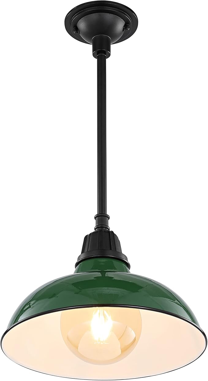 JONATHAN Y 12.25" Green/Black 1-Light Farmhouse Indoor/Outdoor LED Pendant Iron Hanging Light, and Black Metal Shade, Rustic Ceiling Lamp for Kitchen Island, LED Bulb Included (JYL7611F)