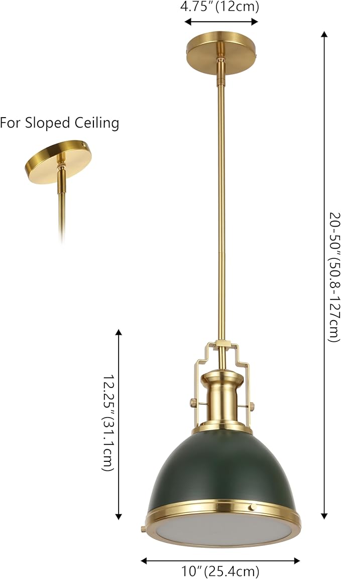 JONATHAN Y 10" Brass Gold Kombu Green 1-Light Metal Dome Pendant Modern Industrial Hanging Light for Kitchen Island Dining Room Adjustable Height LED Bulb Included JYL9535H
