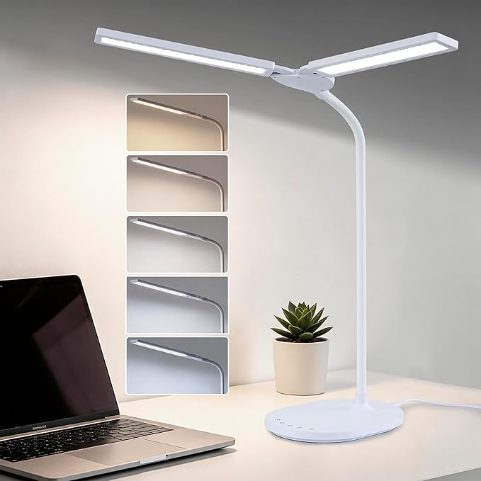 G Keni LED Desk Lamp with 180° Foldable Shade, 2400 Lux Bright Adjustable Desk Lamp, 360° Gooseneck, 5 Color Modes Stepless Dimming, Auto Off Timer, Modern Office Desk Lamp for Home Study Workbench