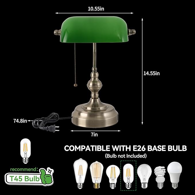 Green Glass Banker's Desk Lamp, Antique Banker Desk Lamps with USB Charging Port, Traditional Library Lamp, Vintage Desk Lamp Green Shade for Office Study Room, Pull Chain Switch