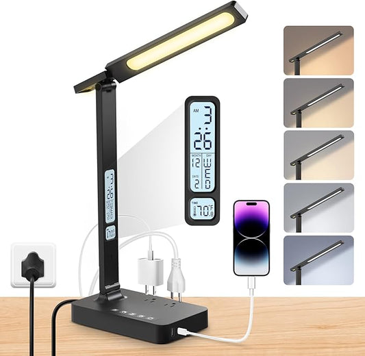 LAOPAO Power Strip with LED Desk Lamp: Table Lamp with Charging Station - 2 Outlets 1 USB-A Ports 1 Type-C Ports, Surge Protection and Led Display, 5ft Extension Cord, 5 Color Modes 5 Brightness