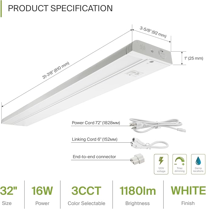ASD Swivel LED Under Cabinet Lighting Plug in or Hardwired 32 Inch, Dimmable Under Cabinet Lights with High/Low/Off Switch, 3CCT 2700K-4000K, Linkable Under Counter Lights for Kitchen, White, ETL