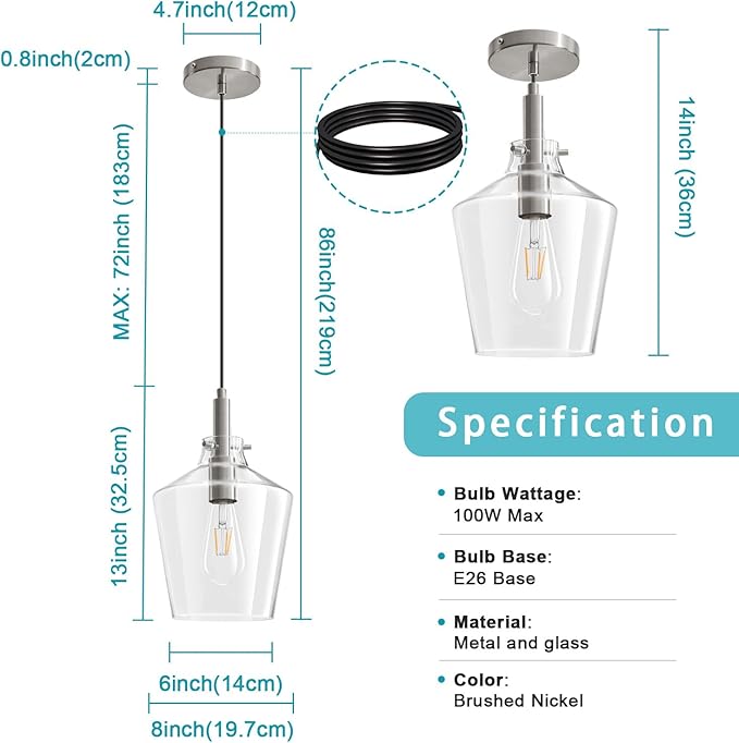 Modern Glass Pendant Lighting for Kitchen Island, Farmhouse Nickel Pendant Light Fixtures 1 Pack, Adjustable Hanging Ceiling Light Angled Clear Glass Shades 8 Inch