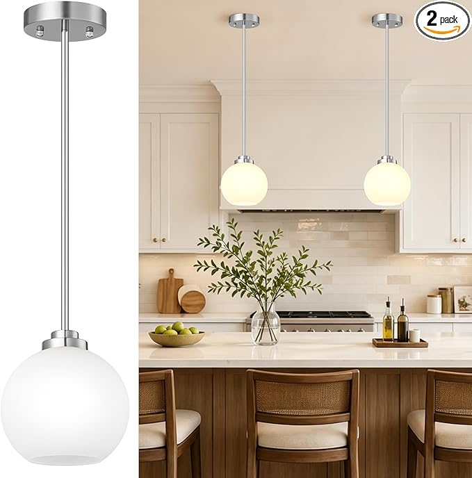 2 Pack 22"-50" Height Adjustable Glass Pendant Lights Kitchen Island, Globe Brushed Nickel Pendant Lights with Milk Glass Shade, Mid Century Pendant Light Fixtures Kitchen Pendant Lighting over Island