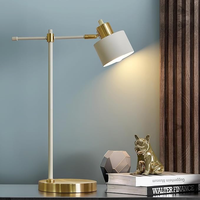 OYEARS 22.2" Modern Desk Lamp, Metal Table Lamp with LED Bulb, Adjustable Reading Lamps for Living Room, Mid Century Task Lamp for Home Office, Industrial Bedside Lamps, Cream and Gold