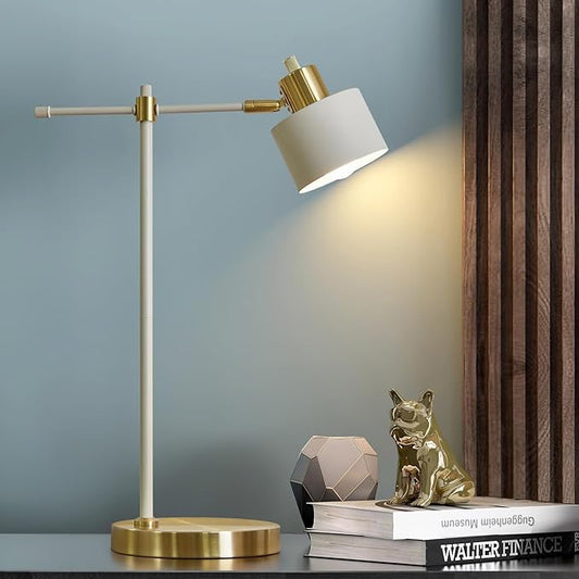 OYEARS 22.2" Modern Desk Lamp, Metal Table Lamp with LED Bulb, Adjustable Reading Lamps for Living Room, Mid Century Task Lamp for Home Office, Industrial Bedside Lamps, Cream and Gold