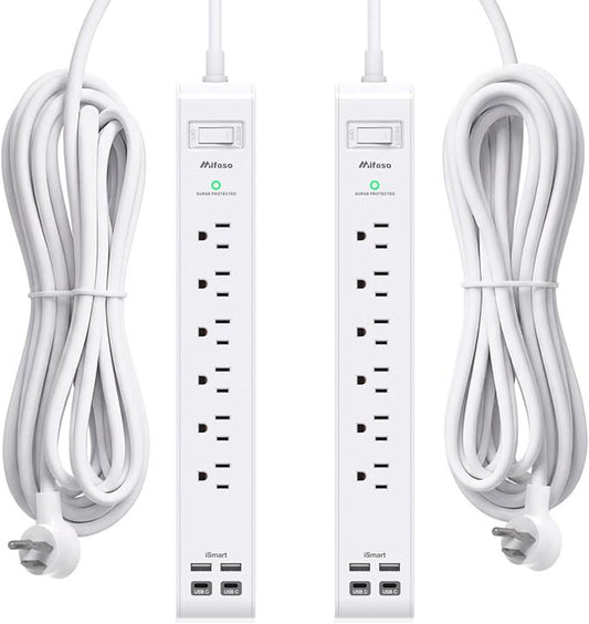 2 Pack Power Strip, Extension Cord 15FT, Surge Protector with 6 Outlets and 4 USB Ports (2 USB C), Flat Plug Overload Protection, Extension Cord with Multiple Outlets, Wall Mount for Home Dorm College