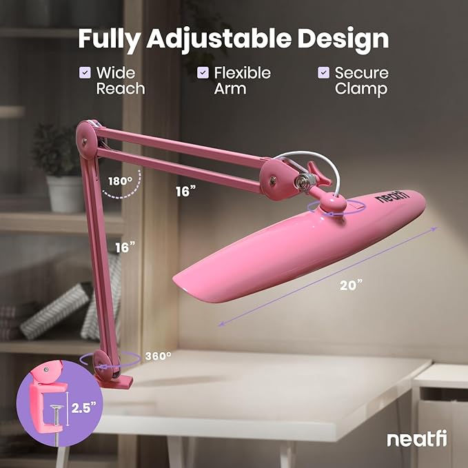 Neatfi XL 2200 Lumens 24W LED Desk Lamp – Shadow-Free Task Lighting | 4-Level Dimming | Home Office & Crafts Use | 20-Inch Wide Head (Pink, Non-CCT with Clamp)