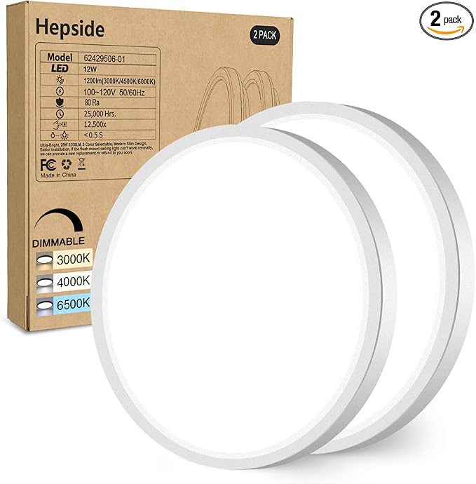 hepside 2PACK Flush Mount LED Ceiling Light Fixture White, 6.5Inch 12Watt, Dimmable & 3000K-4000K-6500K Ceiling Lamp 1200LM Low Profile Ceiling Light for Kitchen Bedroom Hallway Porch