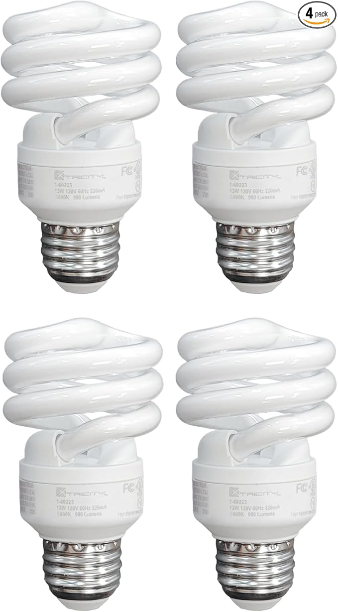 Xtricity Compact Fluorescent Light Bulbs T2 Spiral, E26 Base, 13W (60W Equivalent), 2700k Soft White, 900 Lumens, CFL, 120V - UL Listed, (4 Pack)