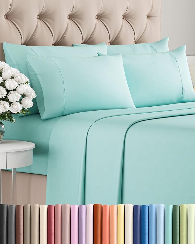 Cal King 6 Piece Sheet Set - Comfy Breathable & Cooling - Ultra-Soft Hotel Luxury Bedding Set w/ 8-16 Inch Deep Pockets - 1 Flat & 1 Fitted Sheet & 4 Pillowcases - Wrinkle Free & Easy Care - Spa Blue