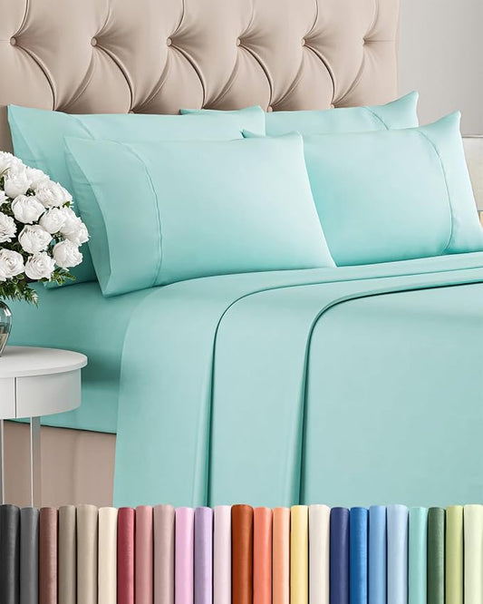 Full 6 Piece Sheet Set - Comfy Breathable & Cooling - Ultra Soft Hotel Luxury Bedding Set w/ 8-16 Inch Deep Pockets - 1 Flat & 1 Fitted Sheet & 4 Pillowcases - Wrinkle Free and Easy Care - Spa Blue