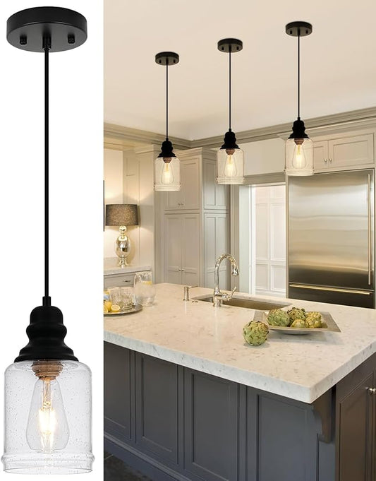 WILON Modern Glass Pendant Lights for Kitchen Island, 6.29" Mini Pandent Light Fixture with Seeded Glass Shade Black Farmhouse Pendant Lights E26 Base Hanging Kitchen Lights for Sink Dining Room