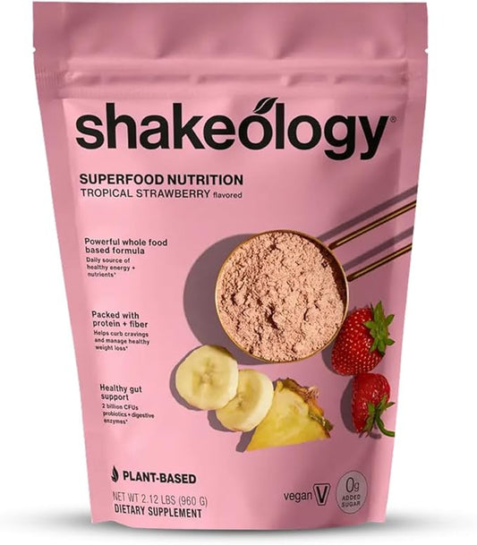 Shakeology, préparation en poudre de protéines végétales, 0 g de sucres ajoutés, sans gluten, avec vitamines et minéraux – Aide à favoriser une perte de poids saine et une masse musculaire maigre – Fraise Tropicale, 30 portions