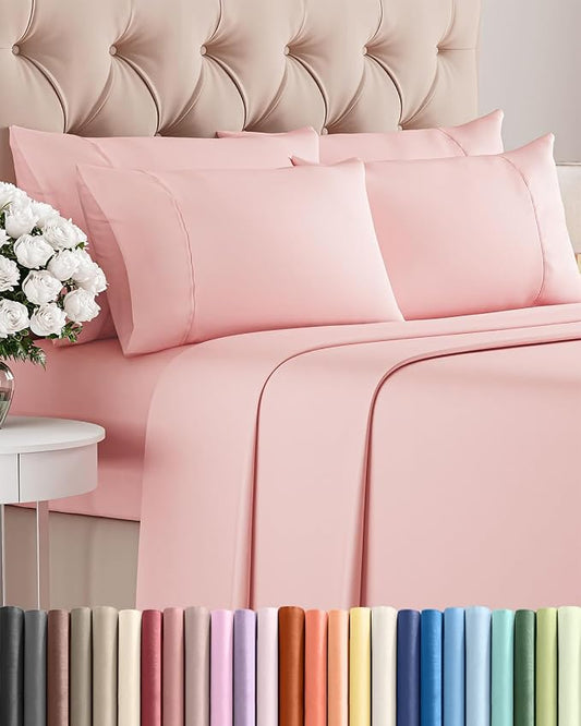 Queen 6 Piece Sheet Set - Comfy Breathable & Cooling - Ultra-Soft Hotel Luxury Bedding Set with 8-16 Inch Deep Pockets - 1 Flat & 1 Fitted Sheet & 4 Pillowcases - Wrinkle Free & Easy Care - Baby Pink