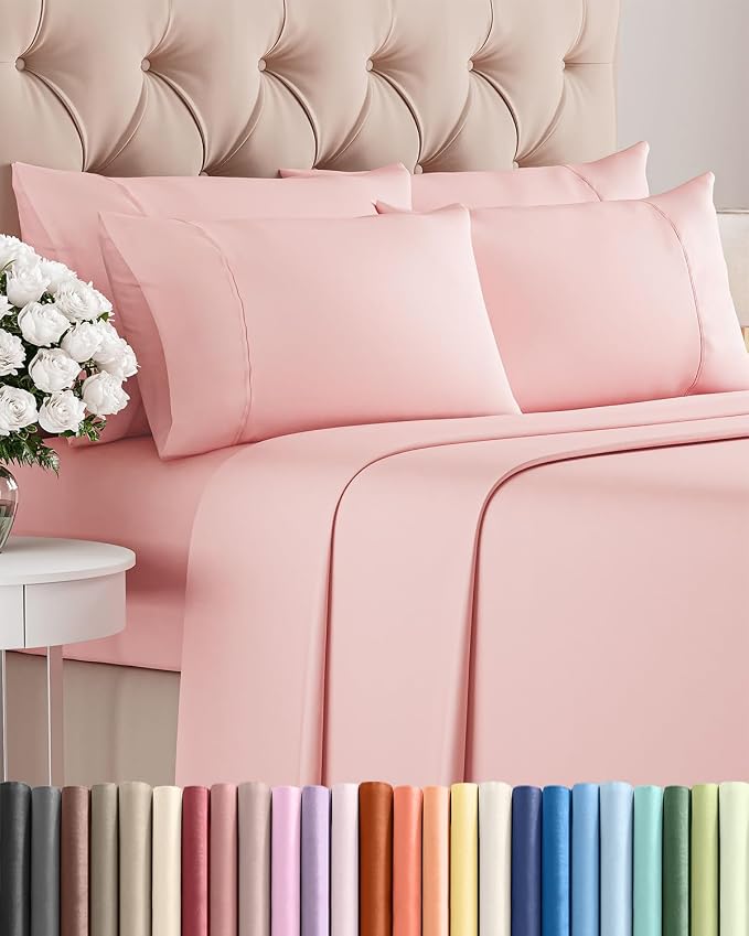 Cal King 6 Piece Sheet Set - Comfy Breathable & Cooling - Ultra Soft Hotel Luxury Bedding Set w/ 8-16 Inch Deep Pockets - 1 Flat & 1 Fitted Sheet & 4 Pillowcases - Wrinkle Free & Easy Care - Baby Pink