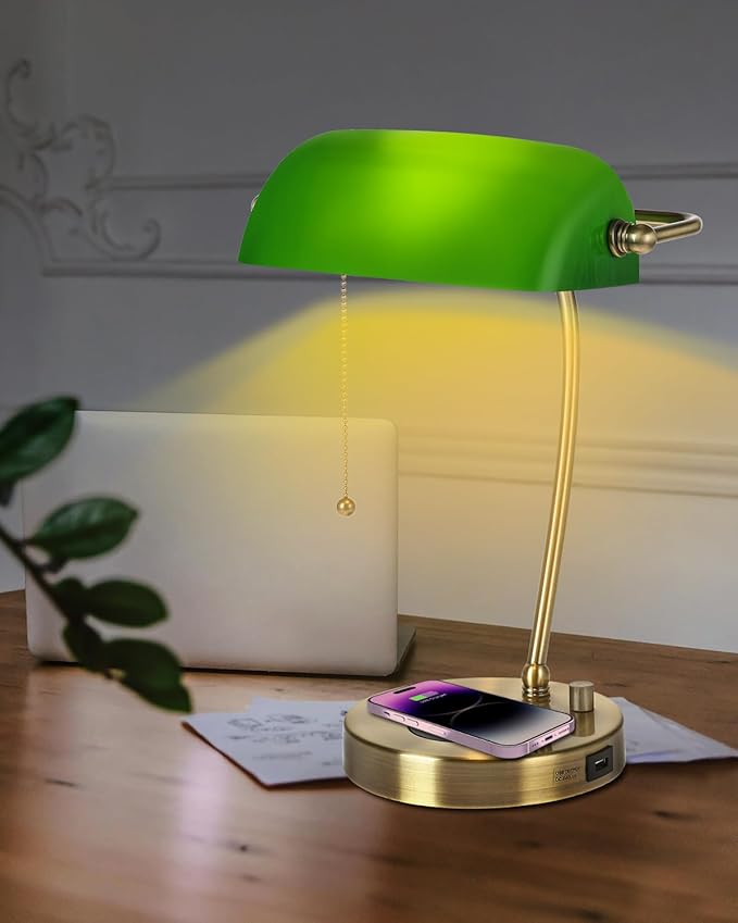 Green Glass Bankers Desk Lamp with Wireless Charger, USB Charging Port for Home Office,Stepless Dimmable Table Lamp Plug in Fixture,LED Bulb Included