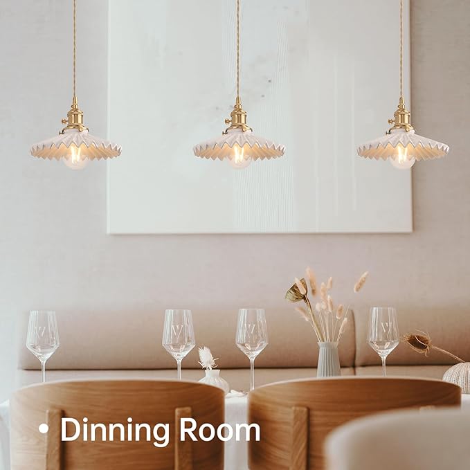 Shenmoyl Pendant Light with White Pleated Ceramic Lmapshade, Brass Vintage Pendant Light Adjustable Hanging Light for Kitchen Island Dining Room Hallway