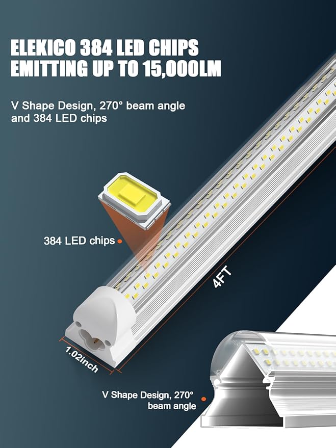 ELEKICO Super Bright 50w 7200lm 5000k V Shape 4ft Led Shop Lights for Workshop 4ft, 4' Linkable 4 Foot Led Shop Lights with Plug in Power Cable On/Off Switch for Garage Basement Warehouse