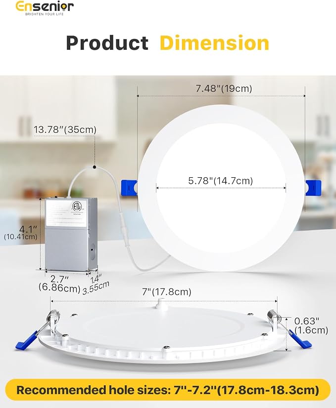 Ensenior 6 Pack 7 Inch LED Recessed Ceiling Light, Dimmable, 2700K-5000K 5CCT, 1600LM 15W 120V, High Brightness Canless Wafer Downlight