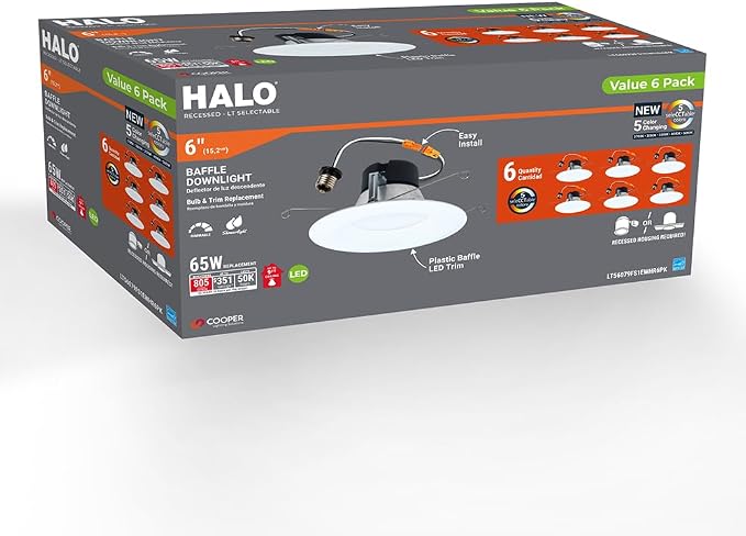 HALO 5 inch / 6 inch LED Recessed Light Trim with 5 Color Temperatures, Dimmable Baffle Can Lights for Ceiling, 6-Pack. 750 Lumens LT56079FS1EWHR6PK