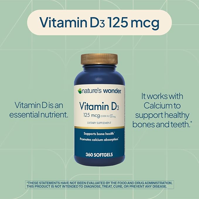 Nature's Wonder Vitamin D3 5000iu (125mcg) High Potency, Dietary Supplement to Support Bone Health and Immune System, Gluten Free, 360 Softgels, 1 Year Supply
