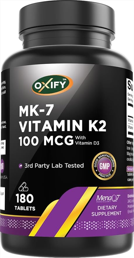 Oxify MK-7 Vitamine K2 100 mcg | 180 Comprimés | Sans Gluten, Sans OGM | Supplément Fabriqué aux États-Unis