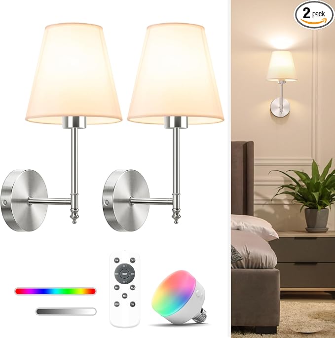 NIORSUN 14.5 inch Battery Operated Wall Sconce Set of 2,Brushed Nickel Rechargeable Wall Lights with 10400mAh Dimmable Bulbs and Remote,9 Colors Wireless Sconces for Bedroom Living Room Decor