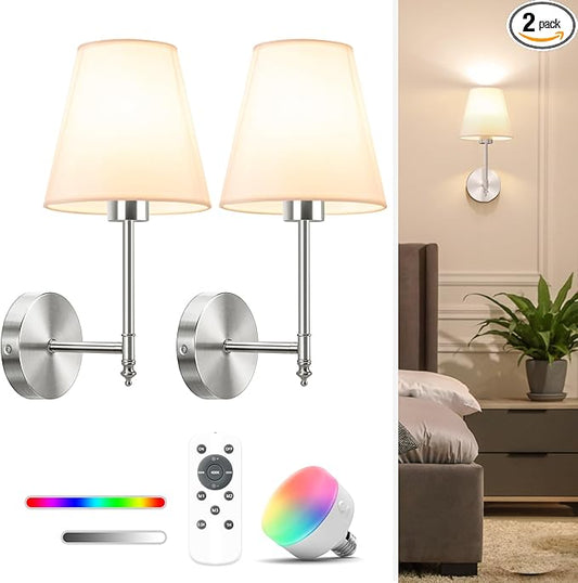 NIORSUN 14.5 inch Battery Operated Wall Sconce Set of 2,Brushed Nickel Rechargeable Wall Lights with 10400mAh Dimmable Bulbs and Remote,9 Colors Wireless Sconces for Bedroom Living Room Decor