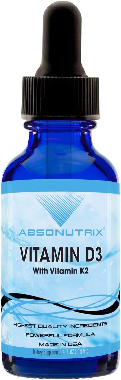 Gouttes de Vitamine D3 K2 Absonutrix, 390mg, 120 ml Liquide, 302 Doses, Fabriqué aux États-Unis, Absorption Rapide, Ingrédients Puissants de Qualité, Sans OGM, Certifié BPF, Produits Non Testés sur les Animaux, Compléments pour la Force des Os