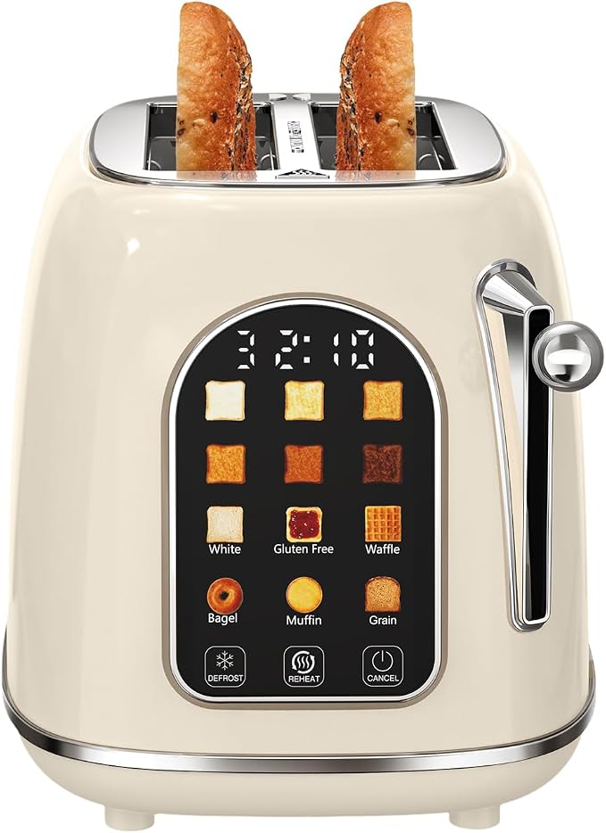 Mecity Toaster 2 Slice, Touch Screen Wide Slot Retro Toaster For Breads Bagel Muffin Waffle, House Warming Gift New Home, 120V 825W, Cream Color