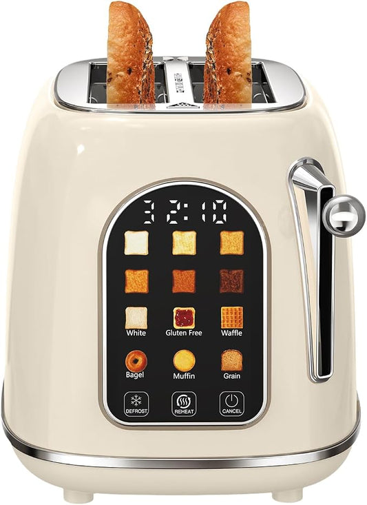 Mecity Toaster 2 Slice, Touch Screen Wide Slot Retro Toaster For Breads Bagel Muffin Waffle, House Warming Gift New Home, 120V 825W, Cream Color