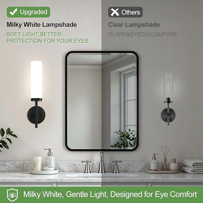 MOKATNG [Hardwired] Wall Sconces Set of Two, Matte Black Bathroom Sconces with Milky White Glass, Modern Wall Light Fixtures for Bathroom Mirror Vanity, Living Room, Hallway, Stairway, Cabinet, Foyer