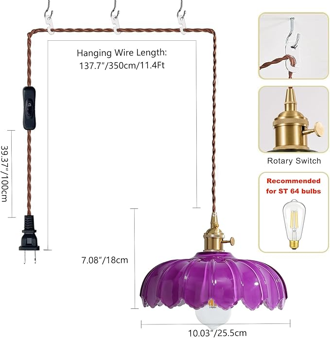XZHGCEE Plug in Pendant Light: Hanging Light Plug in Royal Purple Glass Hanging Lamp, Pendant Lighting for Kitchen Island, Bedroom, Dining Room, Living Room, No Bulb