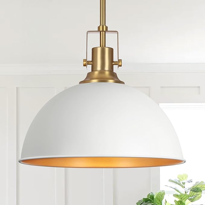 LamQee 13 Inch White and Gold Metal Pendant Light Kitchen Island, Farmhouse Modern Dome Pendant Light Fixtures Ceiling Hanging Lighting Chandelier for Dining Room Over Table, Bar, Hallway, Entryway