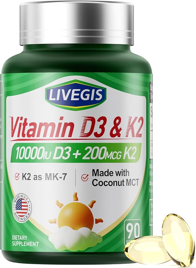Gélules de Vitamine D3 K2, D3 10000 UI avec K2 (MK-7) 200 mcg avec Huile de Coco, Gélules faciles à avaler 2 en 1 Vitamines D & K, Soutient l'absorption du Calcium, la santé Immunitaire et Cardiaque - 90 Comprimés