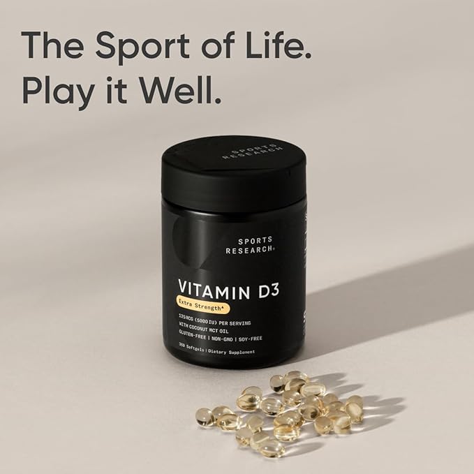 Sports Research® Vitamine D3 avec huile de noix de coco TCM - Complément de vitamine D3 haute puissance 5000 UI (125 mcg) pour le soutien immunitaire et osseux - Sans huile de graines - Sans OGM - Sans gluten (360 capsules molles liquides)