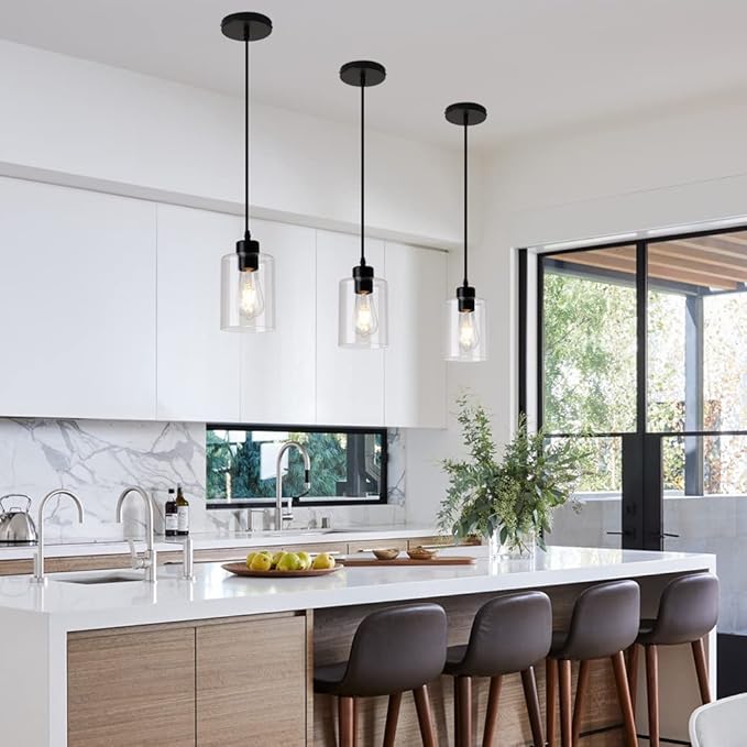 Modern Black Farmhouse Clear Glass Cylinder Pendant Light Fixture,Mini Pendant Lighting for Kitchen Island Decor - 4.75 Inch Shade, 2-58 Inch Cord (Black 3 Pack)