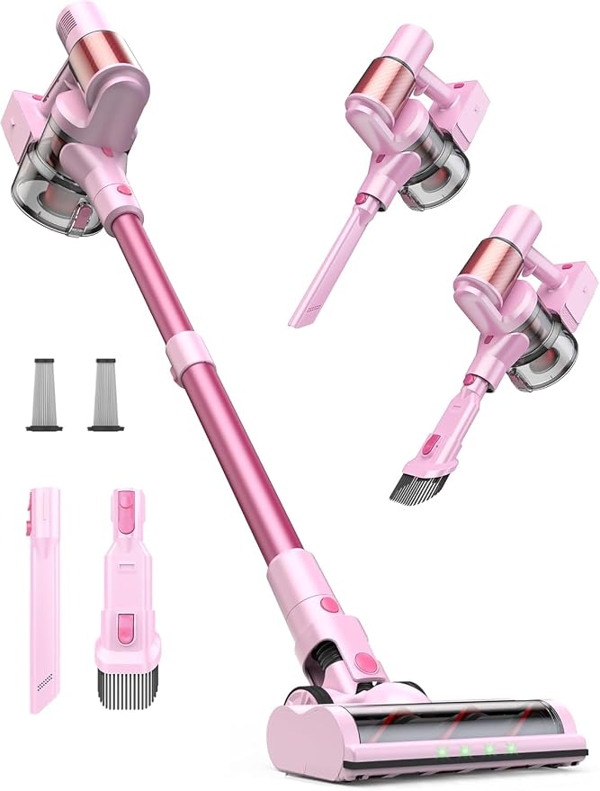 Pink Cordless Vacuum Cleaner, 50Kpa/600W/60 Mins Runtime Stick Vacuum with Self-Standing and Touch Screen, Anti-Tangle Wireless Vacumm, Vacuum Cleaners for Home/Pet Hair/Carpets/Floors
