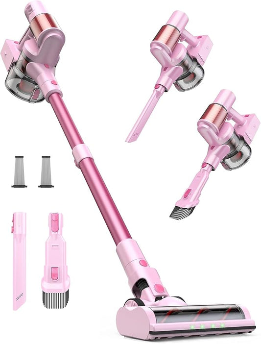 Pink Cordless Vacuum Cleaner, 50Kpa/600W/60 Mins Runtime Stick Vacuum with Self-Standing and Touch Screen, Anti-Tangle Wireless Vacumm, Vacuum Cleaners for Home/Pet Hair/Carpets/Floors