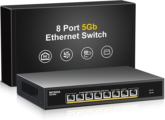 8 Port 5G Ethernet Switch Unmanaged,with 8X 5Gb Base-T Ports, NICGIGA 5Gbps Network Switch Easy for 5G NAS,PC,WiFi7 Router,5Gbe Adapter/NIC. Desktop or 19-inch Rack Mount, Plug and Play.