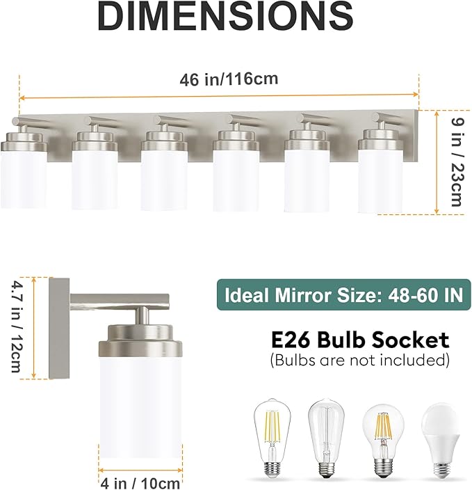 IZORRO Bathroom Vanity Light Fixture, 6-Light 46 Inch Brushed Nickel Bathroom Light Fixtures Over Mirror, with White Glass Shade, Modern Farmhouse Vanity Lights, Rustic Restroom Lighting Fixtures