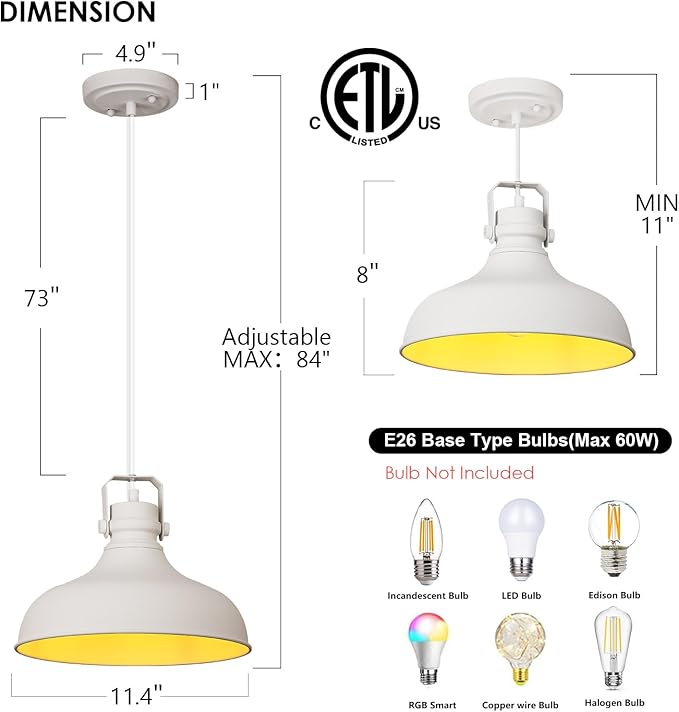 White Farmhouse Pendant Lights Matte Pendant Lighting for Kitchen Island Industrial Adjustable Height Vintage Dome Hanging Light Fixtures for Barn, Dining Room 3 Packs JF2113-P3-W