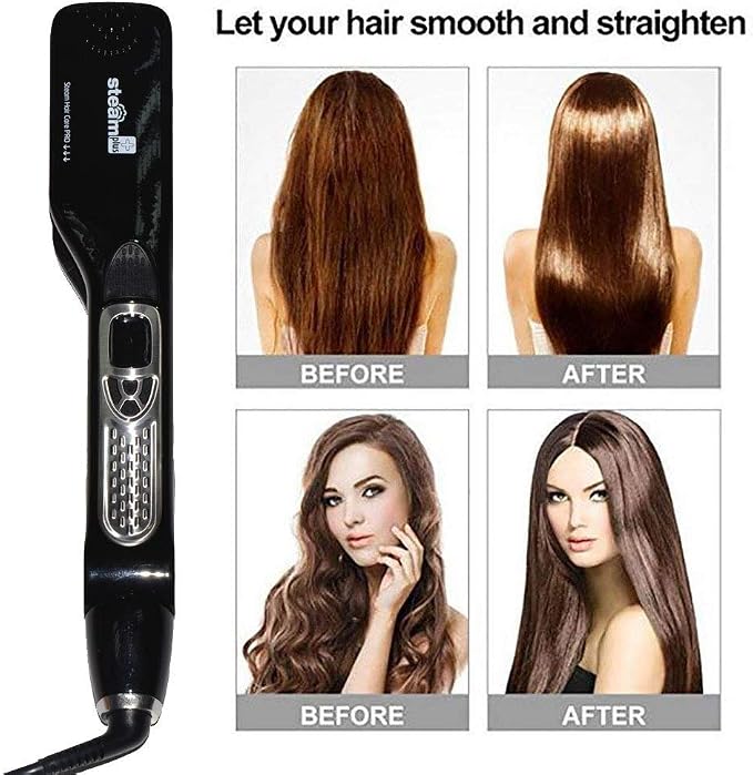 Professional Steam Hair Straightener Brush Ceramic Flat Iron, Electric Hair Crimper Heating Comb Straightening Iron, Fast Steamer Hair Styling Appliances For All Hair Types (Black)